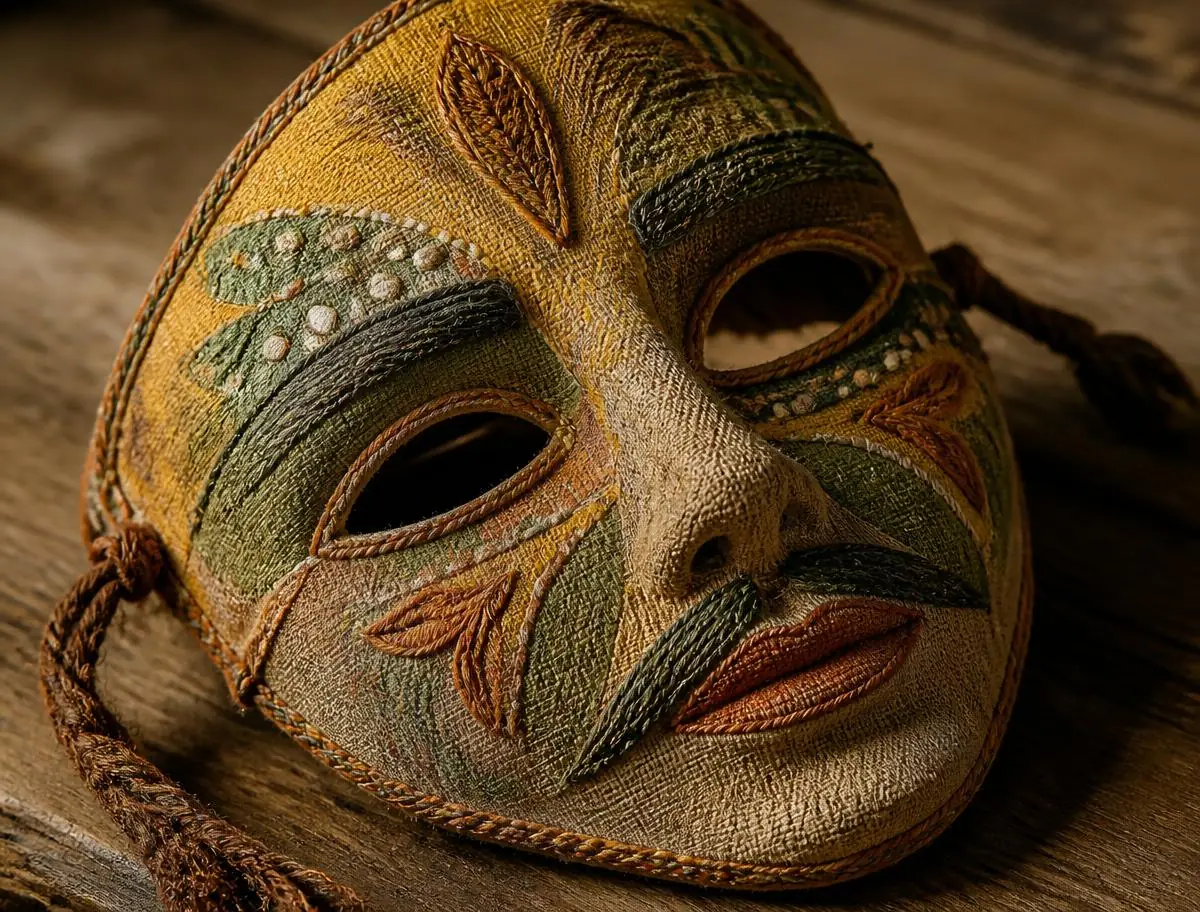 Mascarilla de tela cosida a mano con bordados, la careta tradicional de la Fiesta de Mozos de Rus